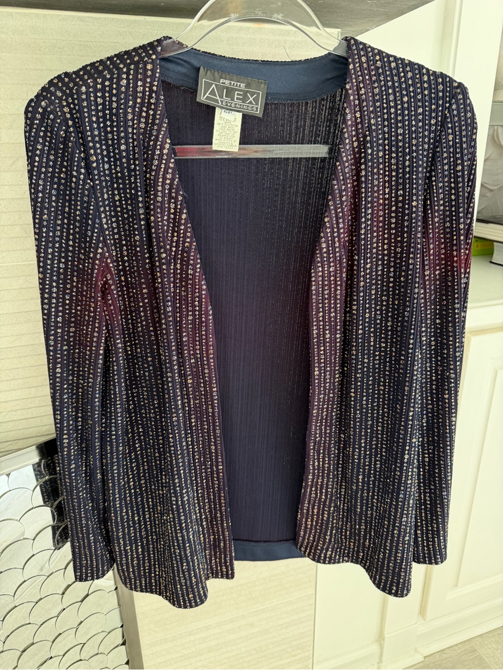 Alex Evenings Navy Metallic-Strip Open Front Petite Blazer